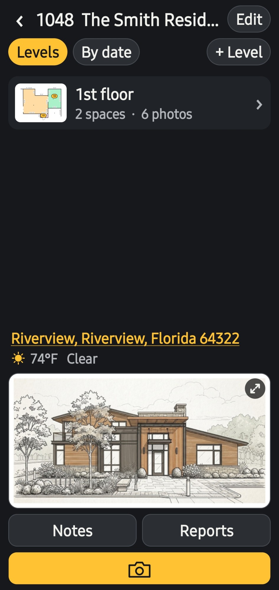 A project in FieldFoto with its level, address, weather and project image